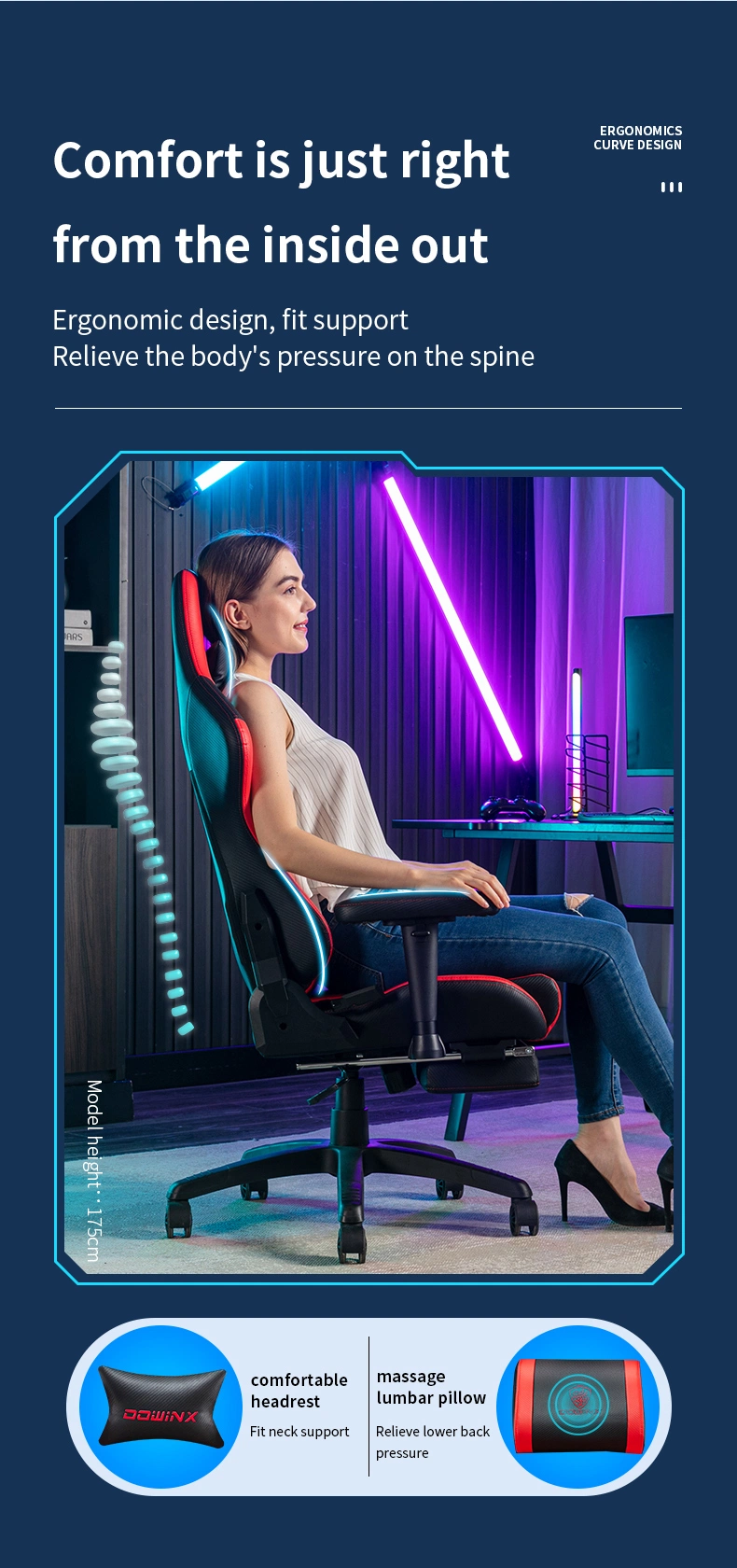 High Back Wholesale Silla Gamer Massage Gaming Chair with 360 Degree Swivel 180 Degree Back Reclining